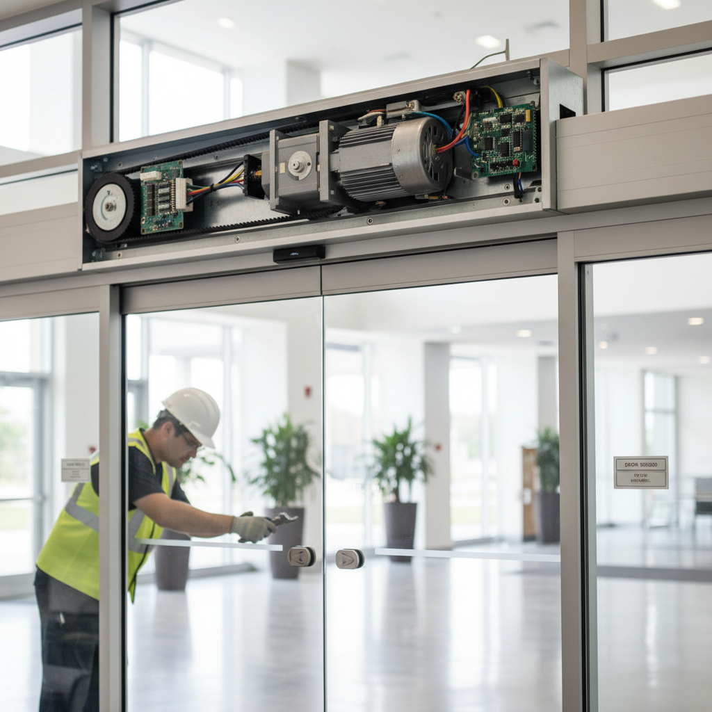 an image featuring an automatic door operator, such as a close-up of the motorized mechanism or the installation of a modern auto-opening door in a commercial setting