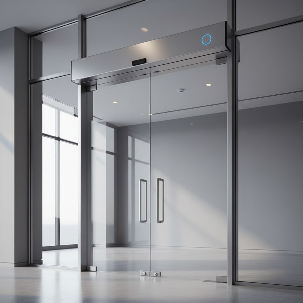 An office building's interior hallway with a glass door and tile floors Glass door with blue lighting in the top right cor...