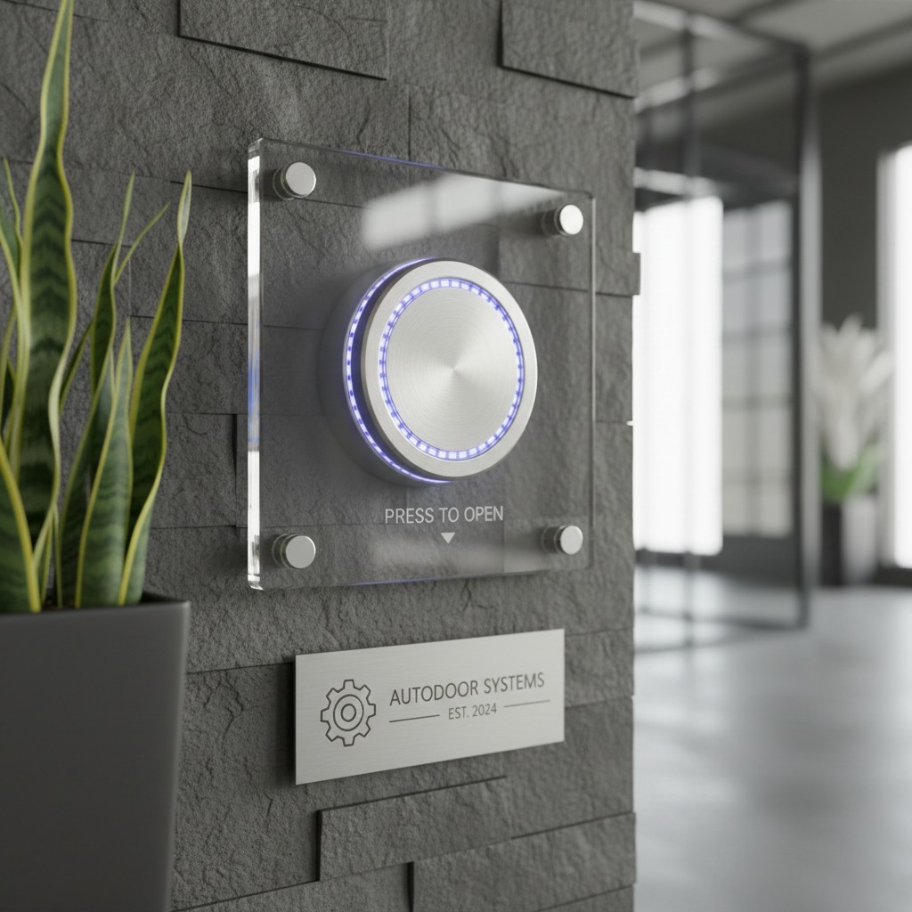 An image of a sleek and modern control panel on a gray stone wall, featuring the words "Press to Open" and the emblem "Aut...