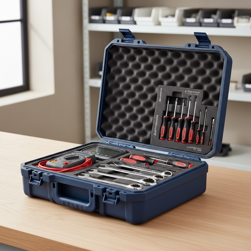 A set of assorted tools secured in a single tool box, opened to show its contents in a workshop.